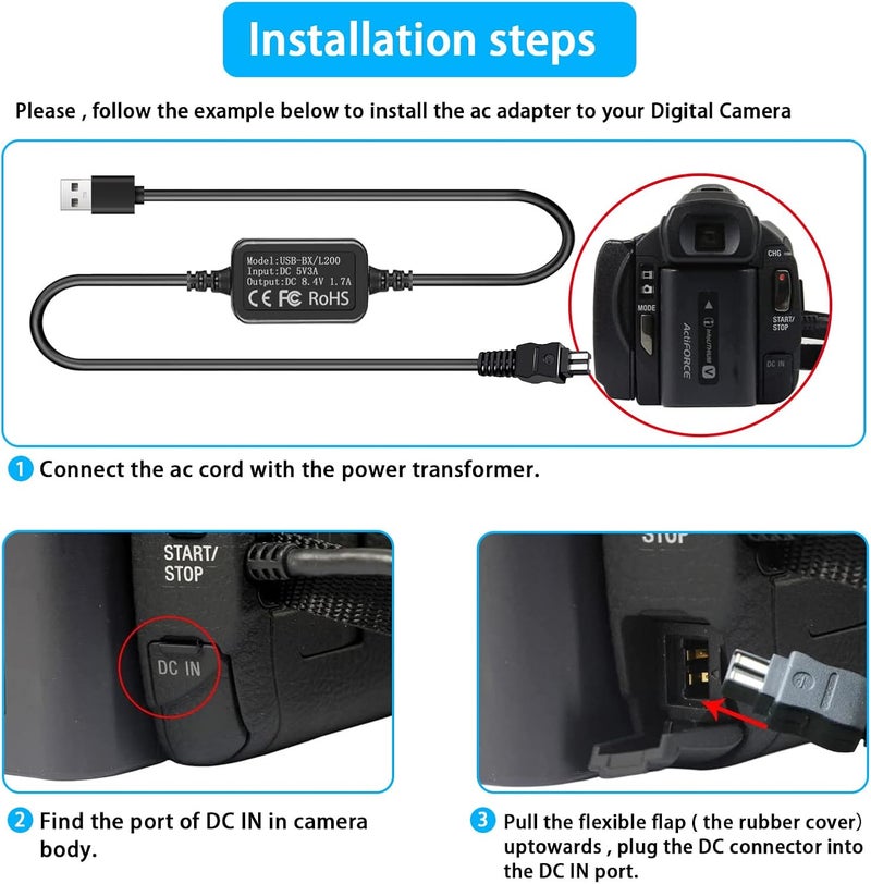 TKDY for Sony Handycam Charger USB Power Cord, AC-L200 ACL200 Power Adapter for DCR-SX40 DCR-SX44 DCR-SR45 DCR-SR47 DCR-SX63 DCR-SX65 DCR-SX85 DVD108 DVD610 DCR-SR62 DCR-SR68 Camcorder. - Image 4